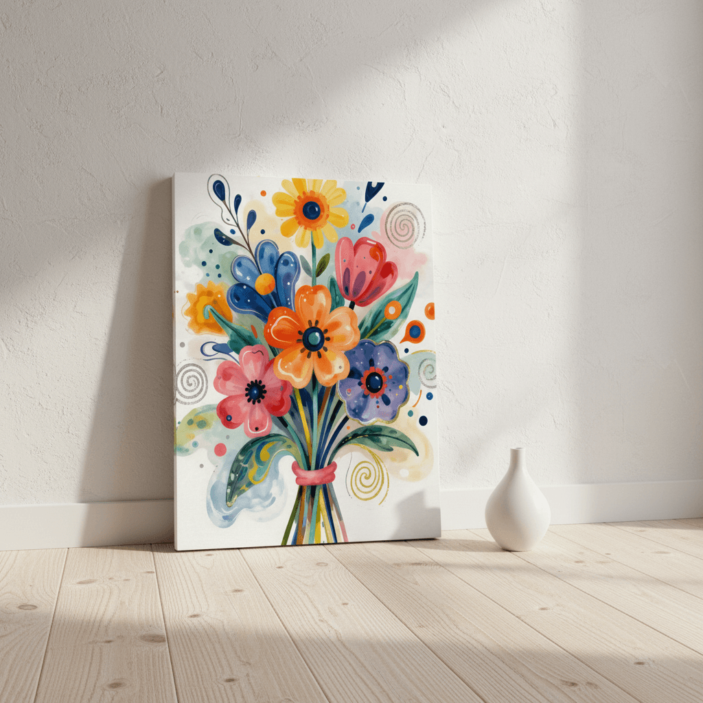 Abstract floral bouquet canvas with colorful blue, orange, pink, and yellow flowers