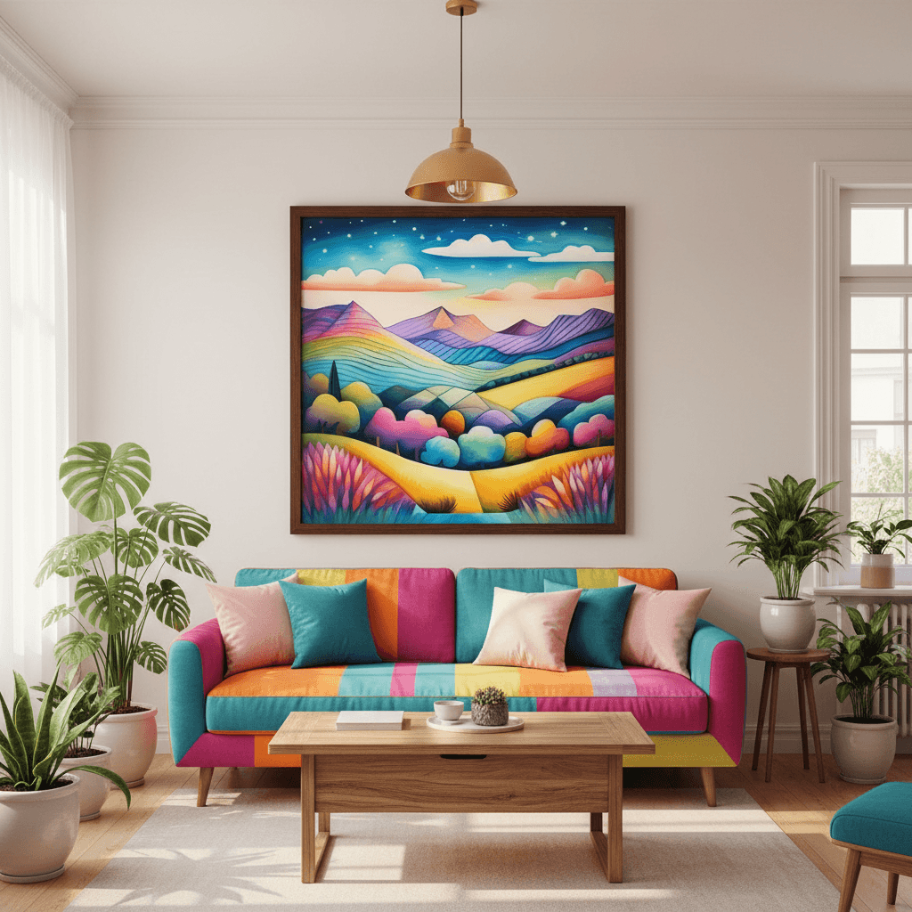 Framed psychedelic rainbow landscape wall art with mountains, clouds, and vibrant hills