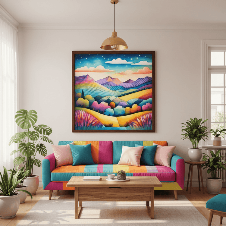 Framed psychedelic rainbow landscape wall art with mountains, clouds, and vibrant hills