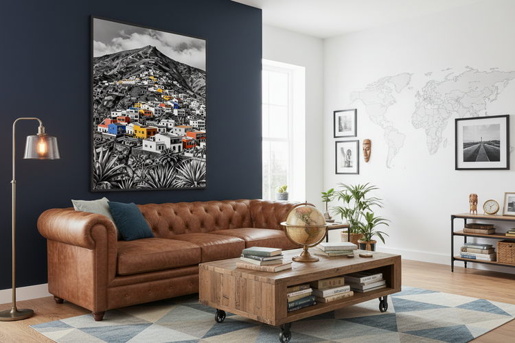 Black-framed wall art print featuring colorful houses along a mountain slope and plants