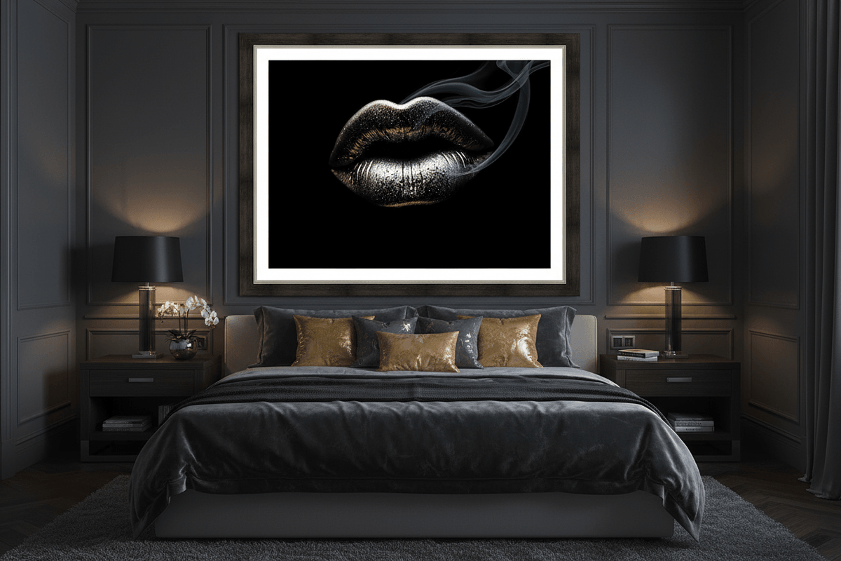 Framed metallic silver lips artwork with smoke curl on dark background
