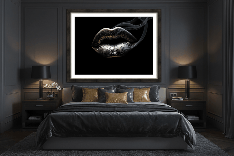 Framed metallic silver lips artwork with smoke curl on dark background