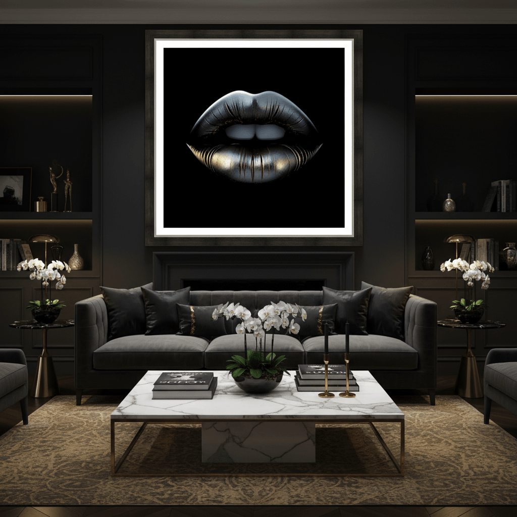 Framed wall art with blue-gray metallic lips and gold lower lip on black