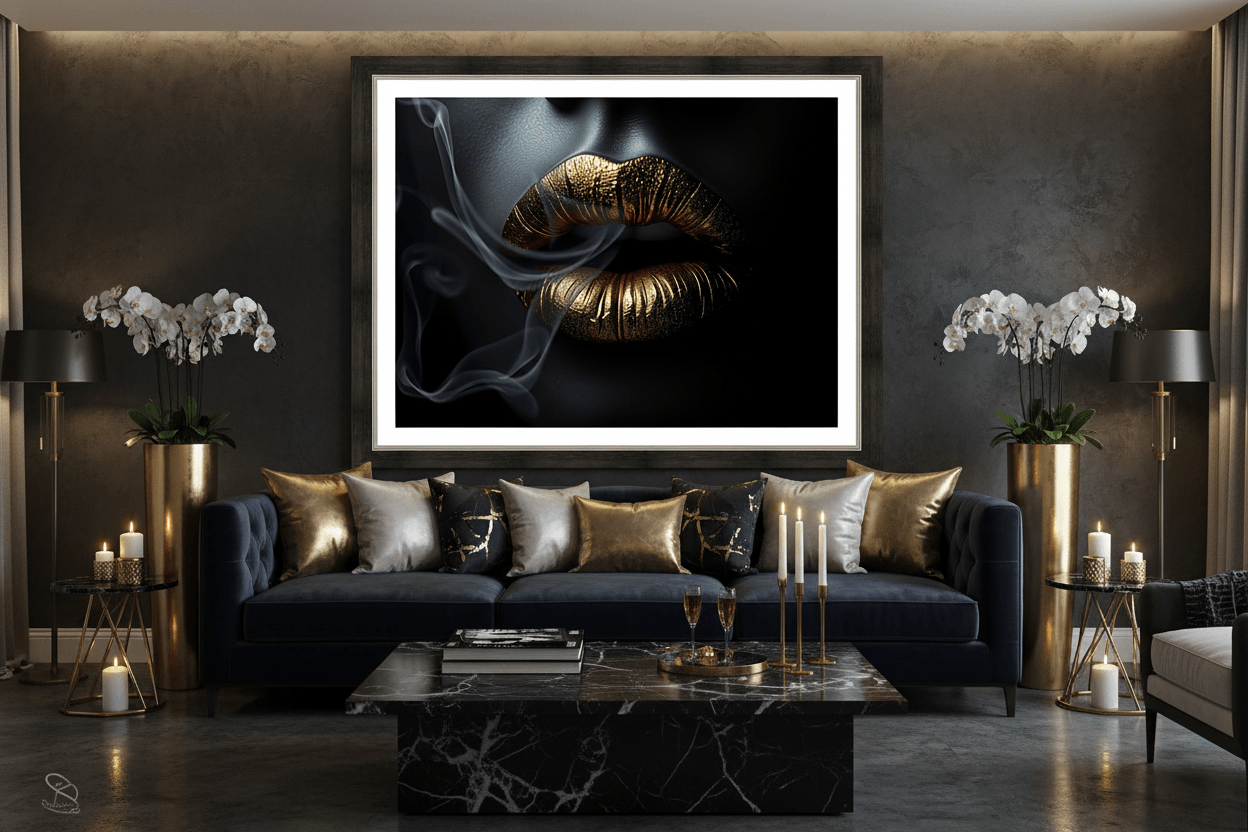 Framed wall art with gold lips and gray smoke over black background