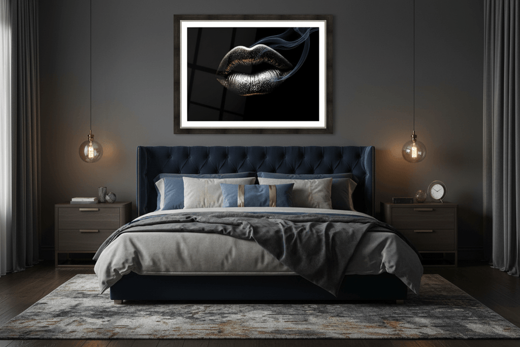 Framed metallic silver lips artwork with smoke curl, mounted above bed