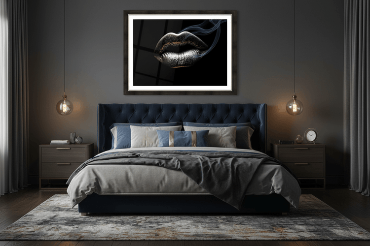 Framed metallic silver lips artwork with smoke curl, mounted above bed