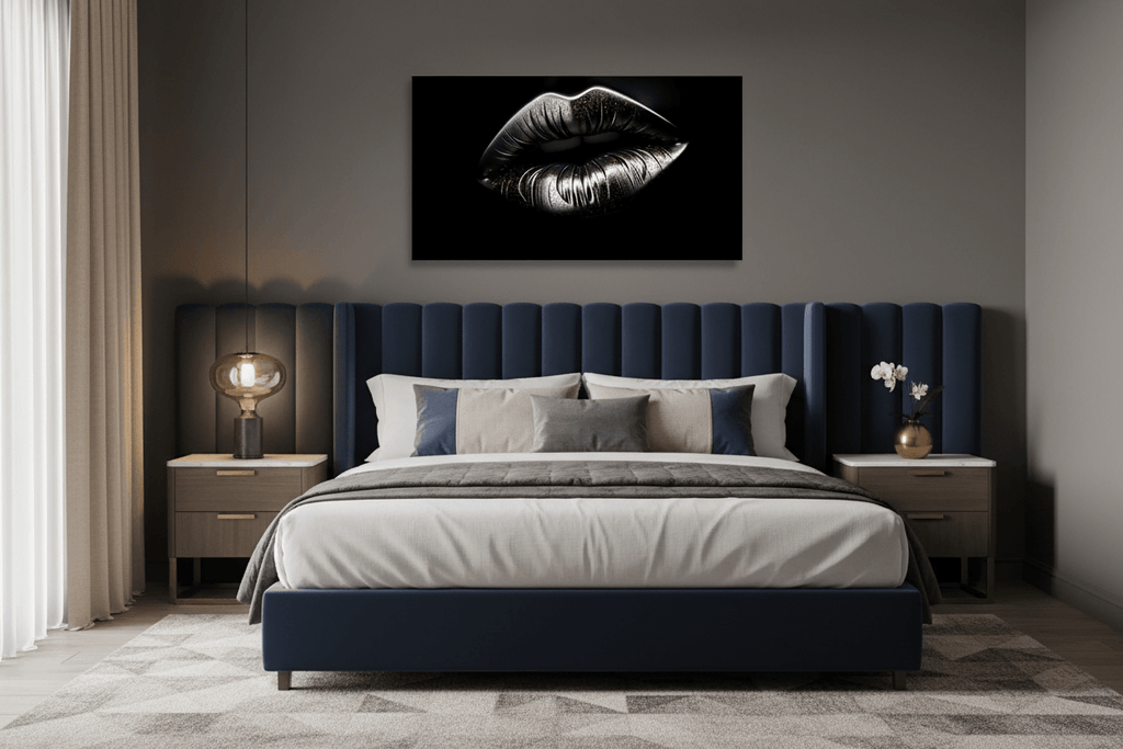 Lips wall art in frame, metallic silver lips with gold speckle on black