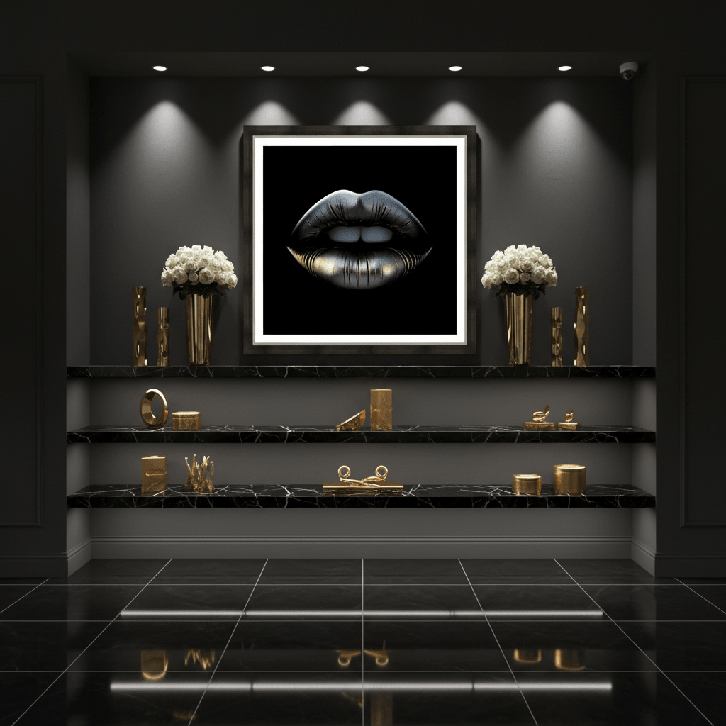 Framed wall art square with blue-gray lips and gold metallic lower lip on black
