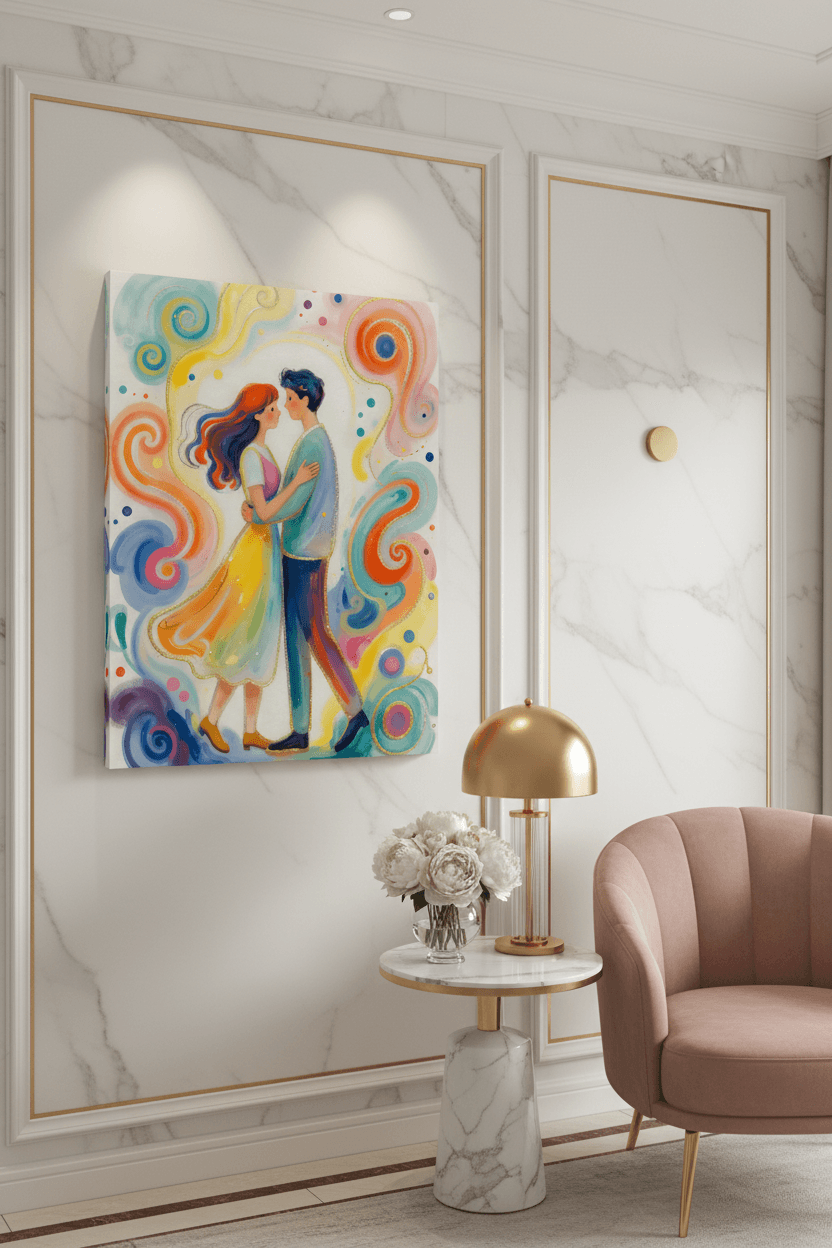 Romantic couple canvas wall art with swirls, woman in yellow dress and man in blue