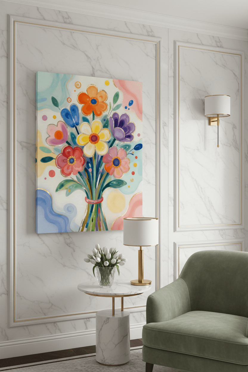 Colorful floral bouquet wall art print in a framed panel with multicolor flowers and leaves