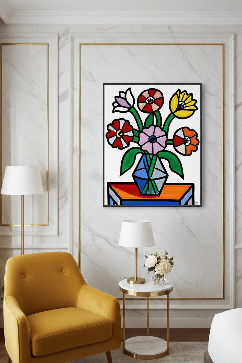 Geometric flower bouquet print centered in a black frame with colorful blooms and vase