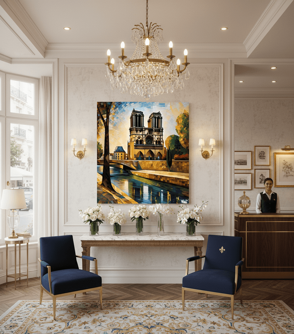 Gothic cathedral mosaic wall art print over fireplace, showing river and arches