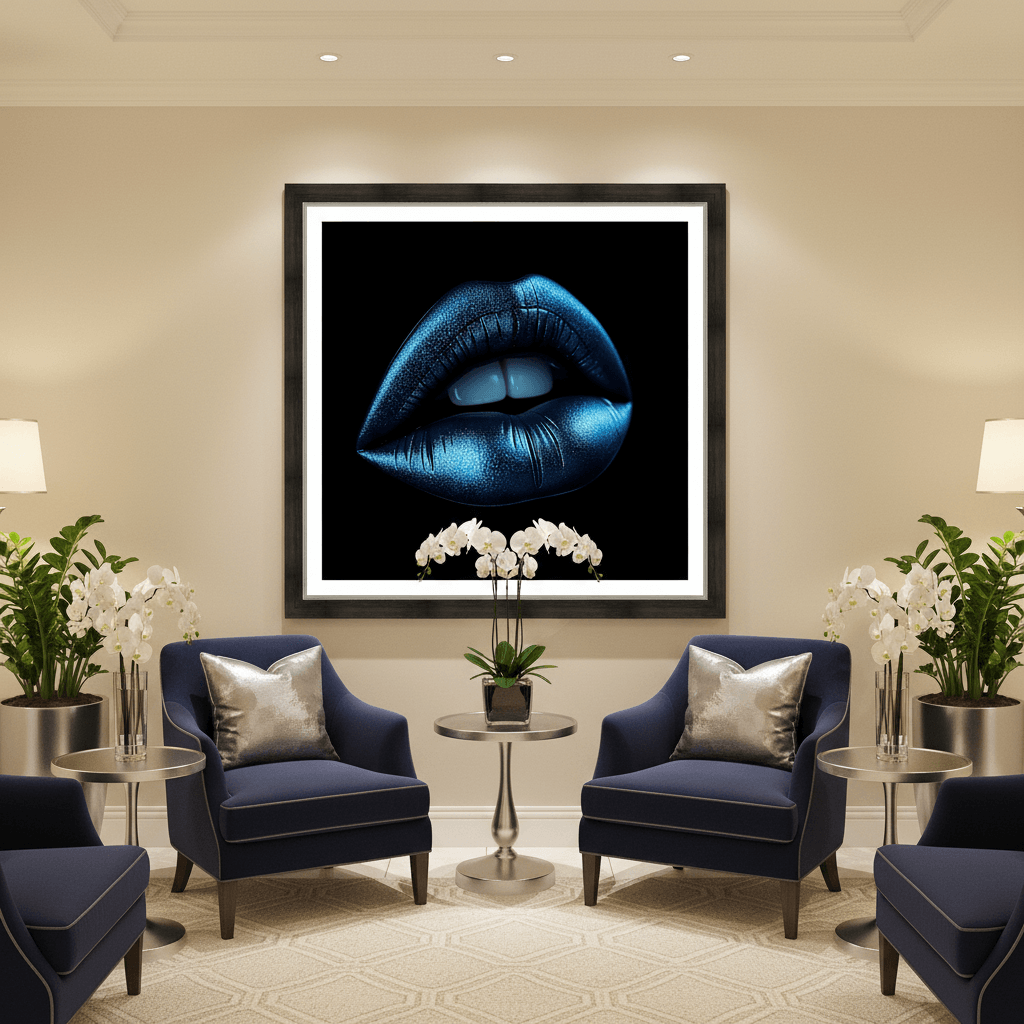 Framed sapphire blue metallic lips artwork with glossy teeth on dark background