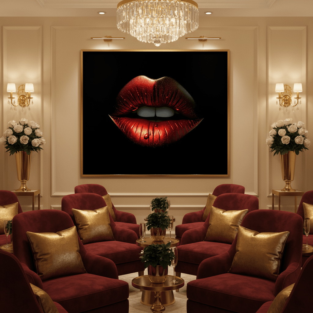 Framed red metallic lips artwork on black, sparkly highlights across the lips