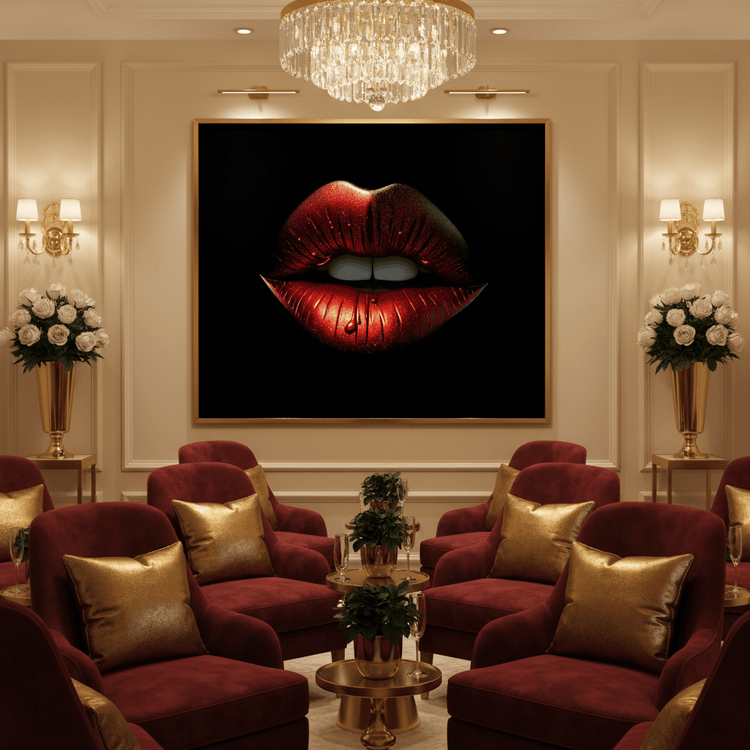 Framed red metallic lips artwork on black, sparkly highlights across the lips
