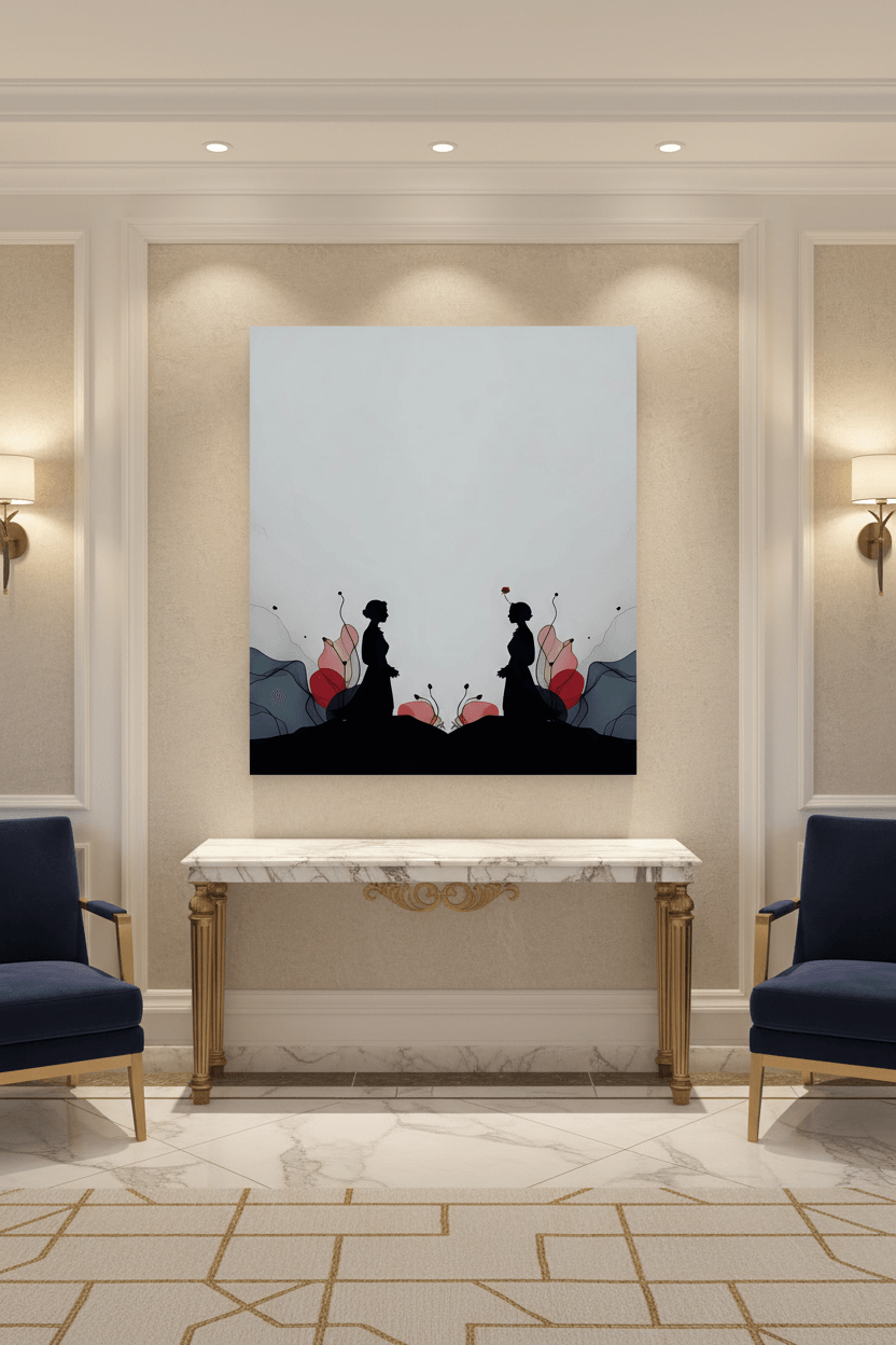 Framed minimalist wall art: dark silhouettes, red flowers, gray-blue scene