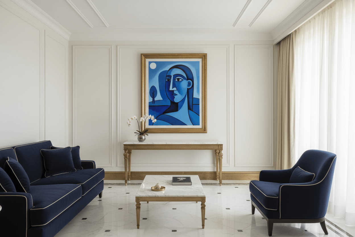 Blue abstract portrait wall art with gold frame; stylized female face in blue tones.