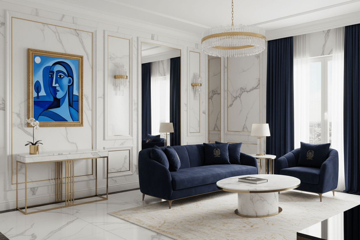 Blue abstract portrait wall art with dark frame on the wall among modern decor.