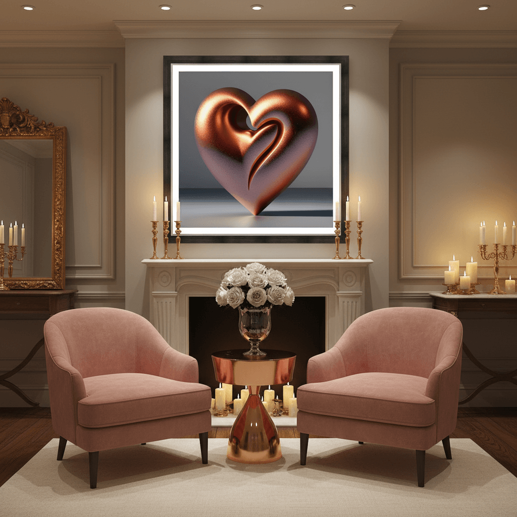 Framed copper rose gold sculptural heart wall art print