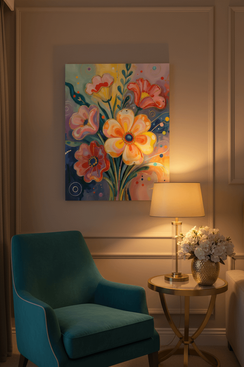 Abstract floral canvas wall art with bright multi-petal flowers and decorative vine stems