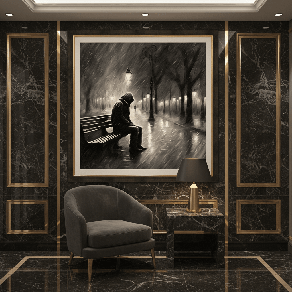 Framed monochrome wall art of a person on a bench under streetlamps in mist