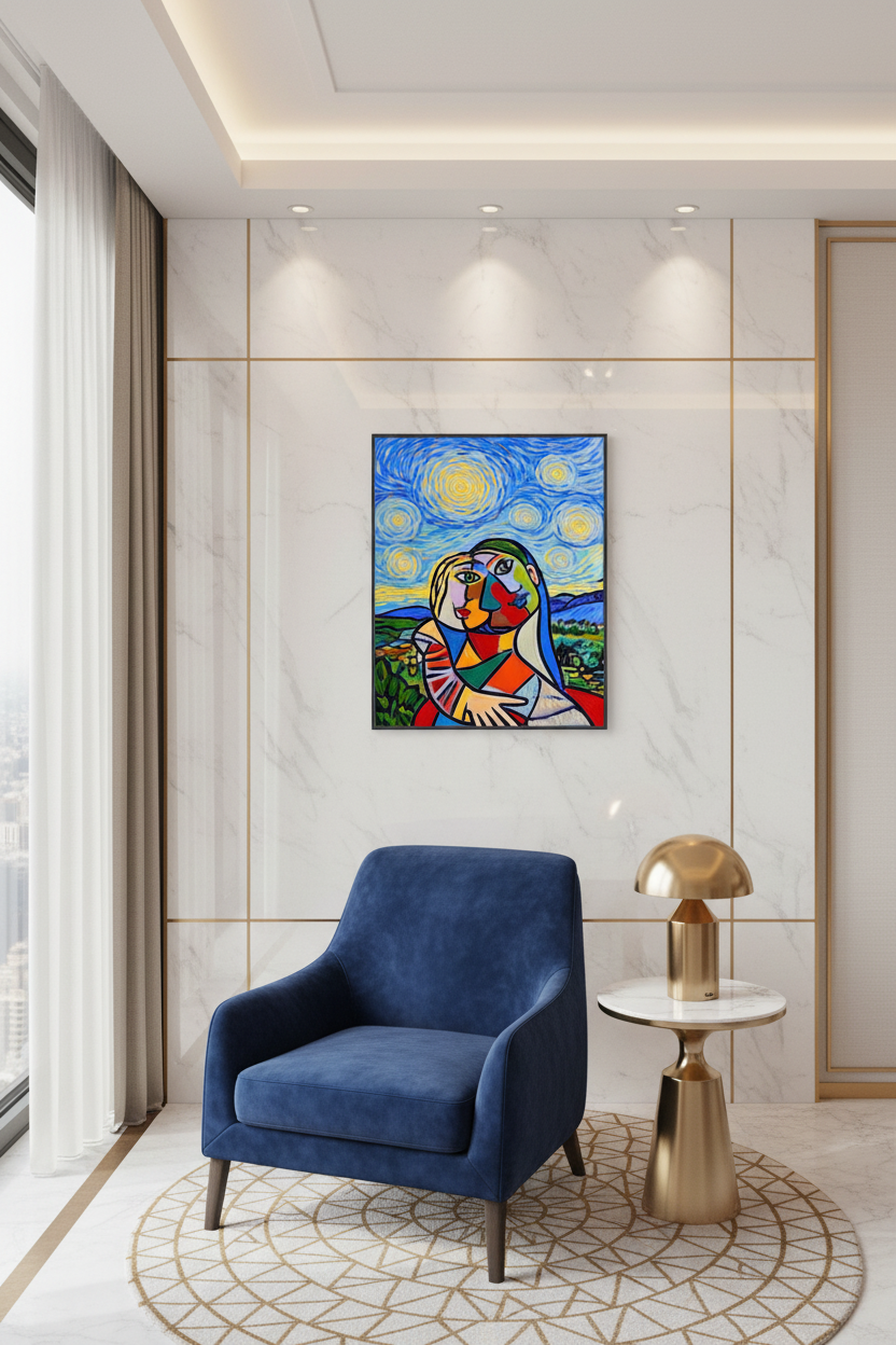 Framed square wall art featuring a colorful stylized portrait with blue swirl sky