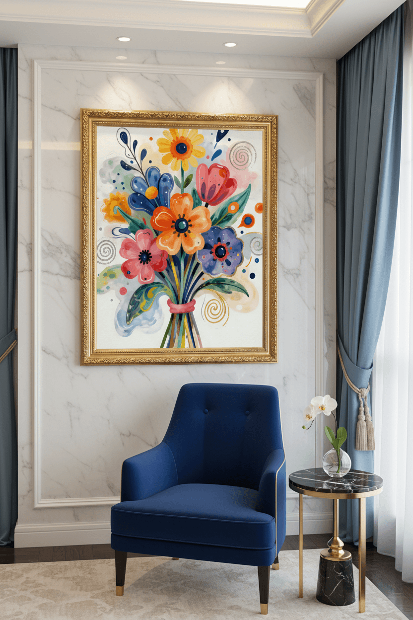 Gold-framed abstract floral bouquet canvas with blue, orange, pink, and yellow flowers