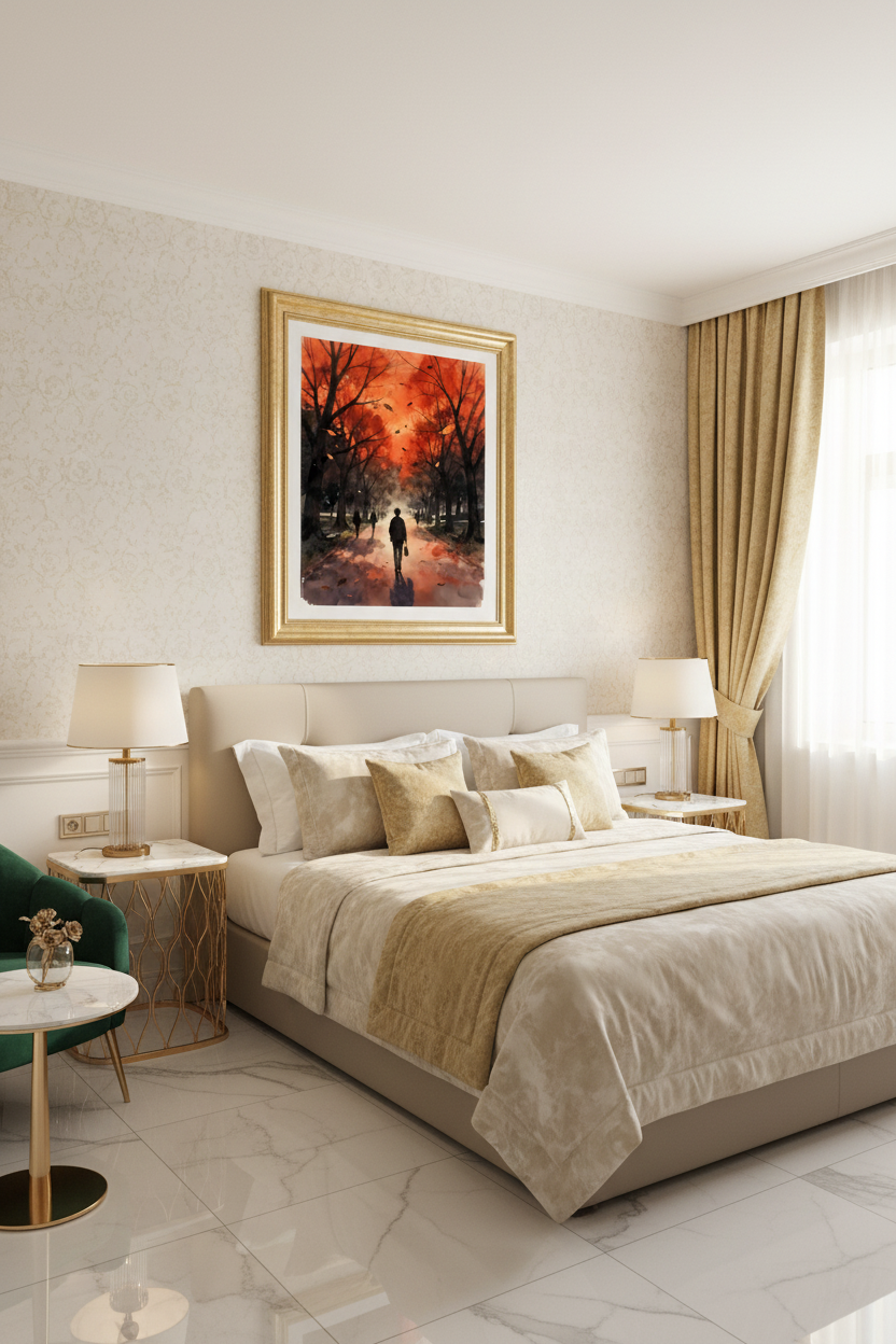 Oak framed autumn park wall art with orange trees and silhouetted figure on path