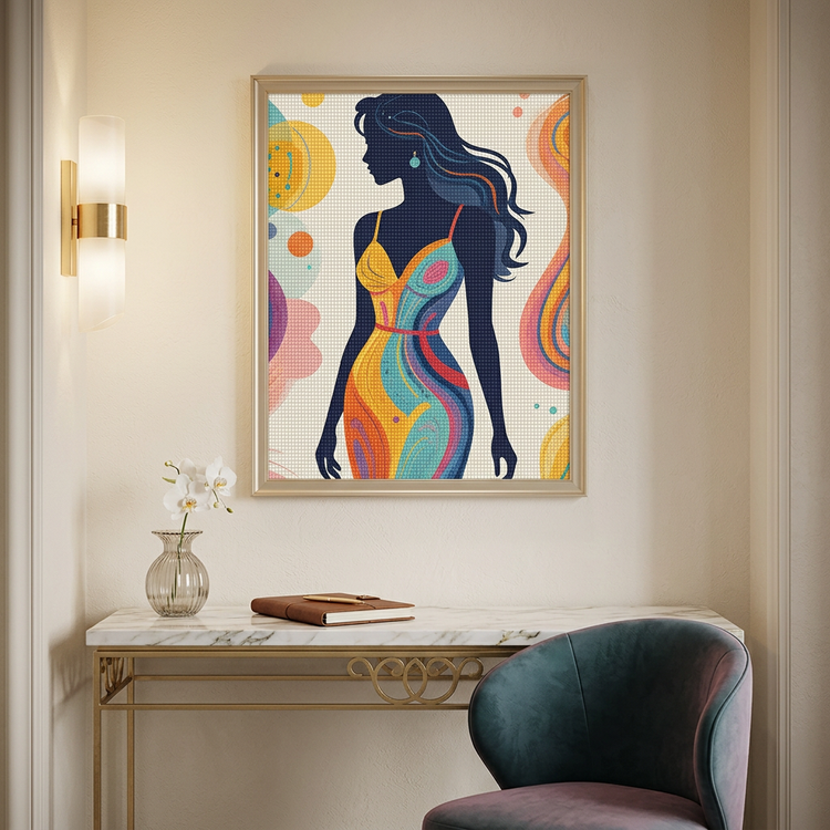 Framed diamond painting canvas with colorful woman silhouette and orange and blue abstract patterns