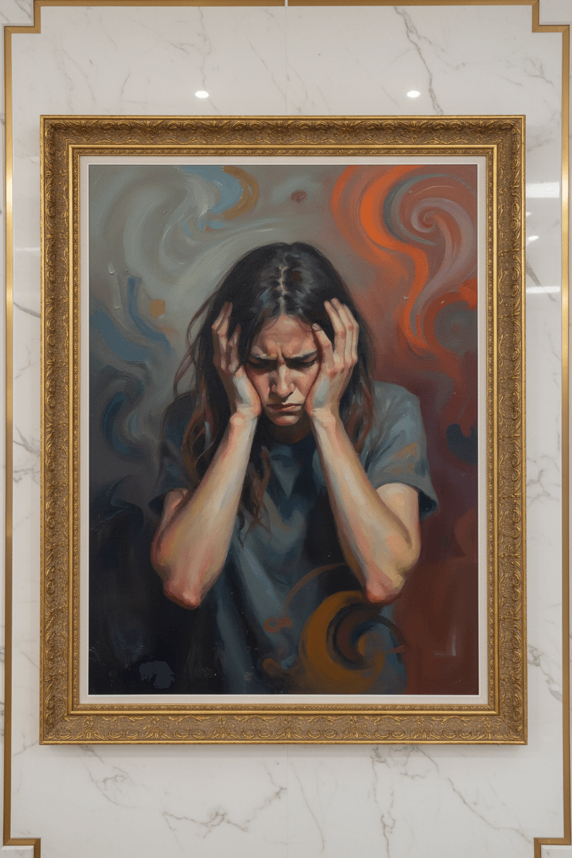 Gold-framed art print of a distressed woman holding her head, blue-green top, swirling colors.