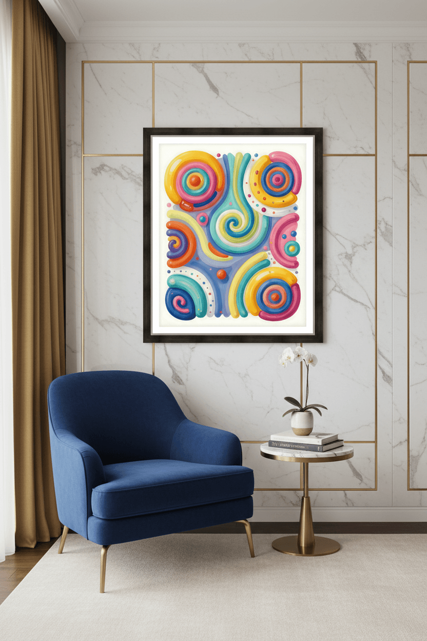 Framed abstract swirl wall art with bright spiral shapes in pink, blue, yellow