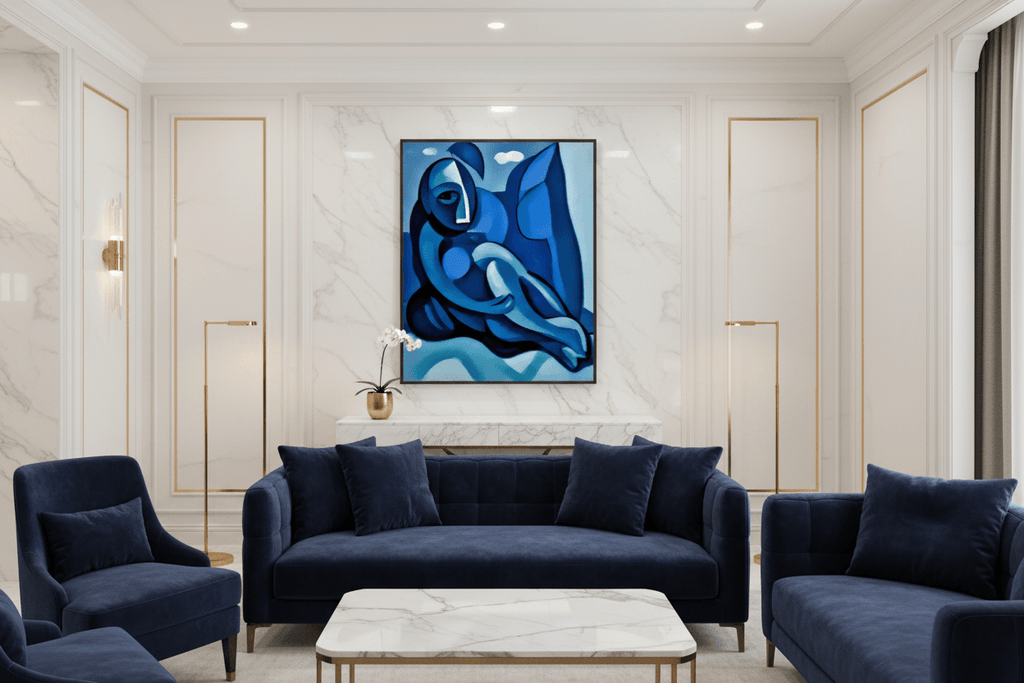 Abstract blue figure painting in a dark frame, reclining silhouette with soft highlights.