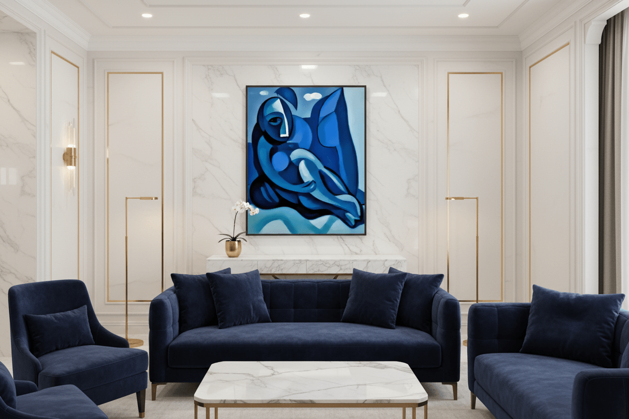 Abstract blue figure painting in a dark frame, reclining silhouette with soft highlights.