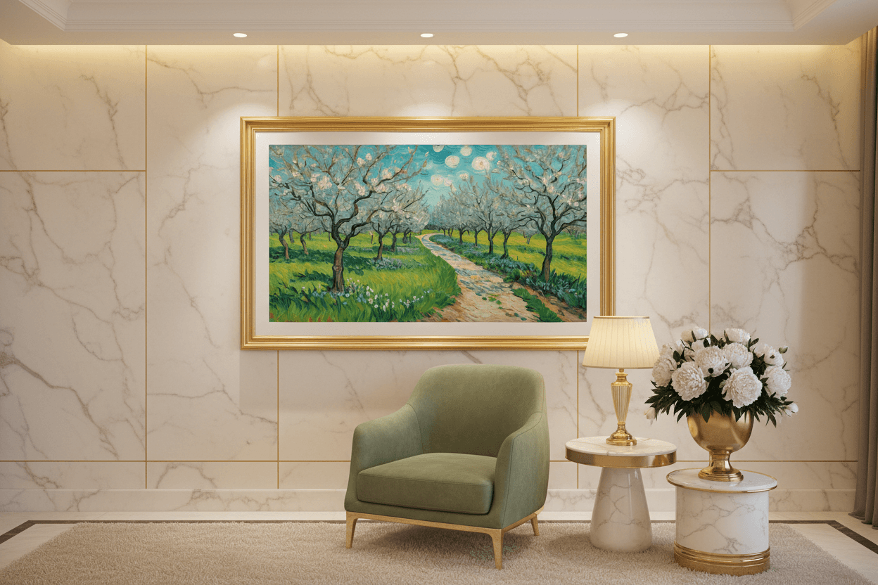 Gold-framed orchard landscape art print with winding path and blossoming trees