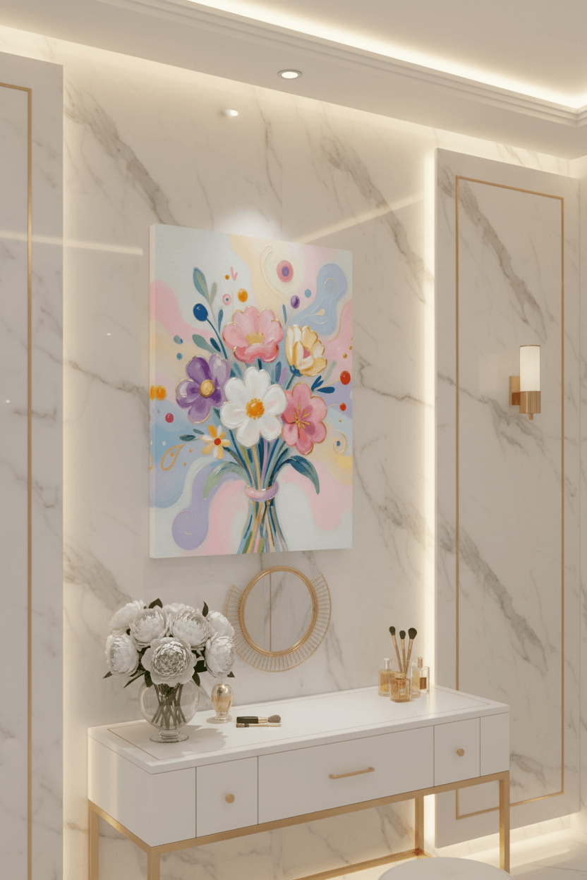 Pastel floral bouquet canvas print featuring mixed pink, purple, and white flowers