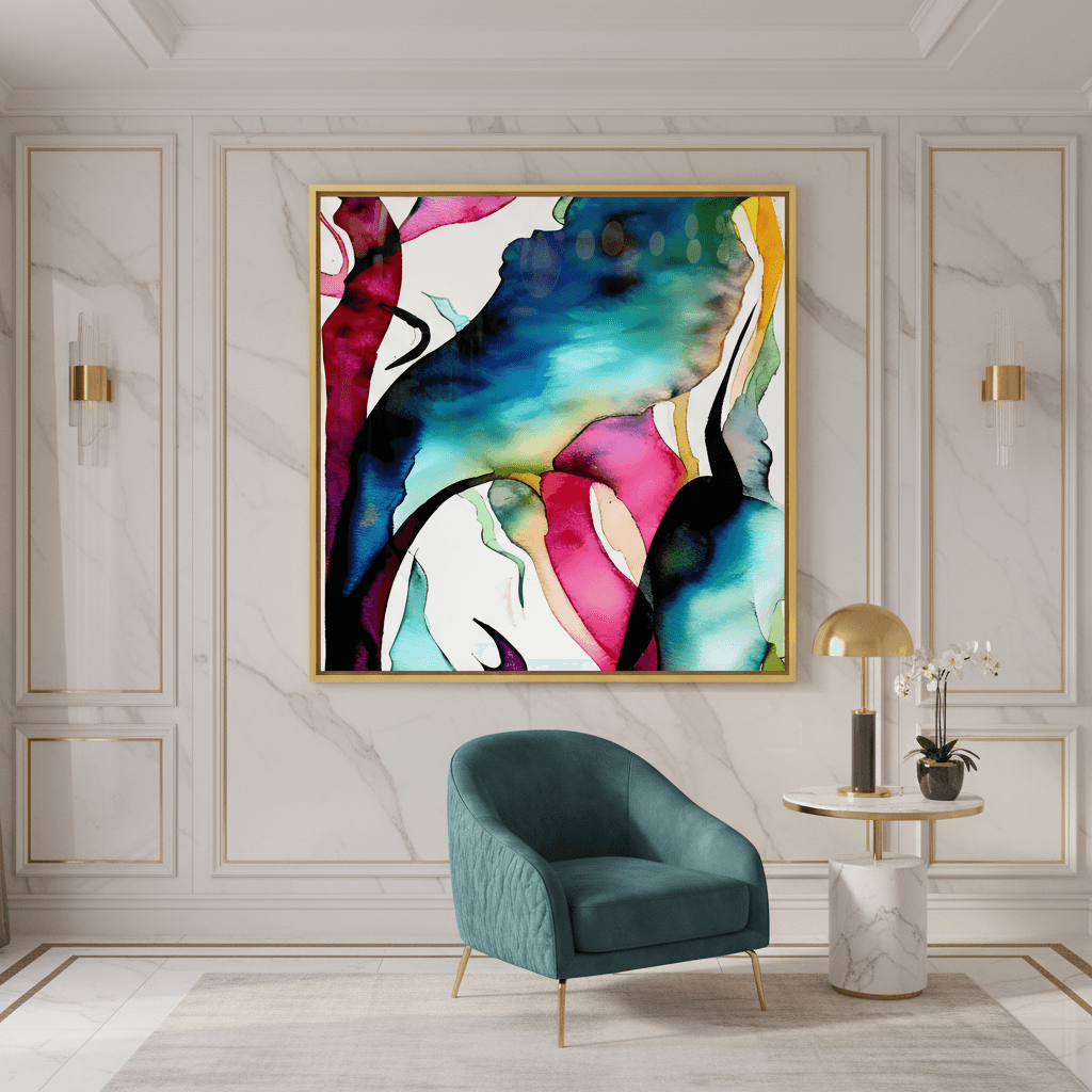 Framed abstract fluid wall art with pink lips and teal-blue and green flowing color fields.