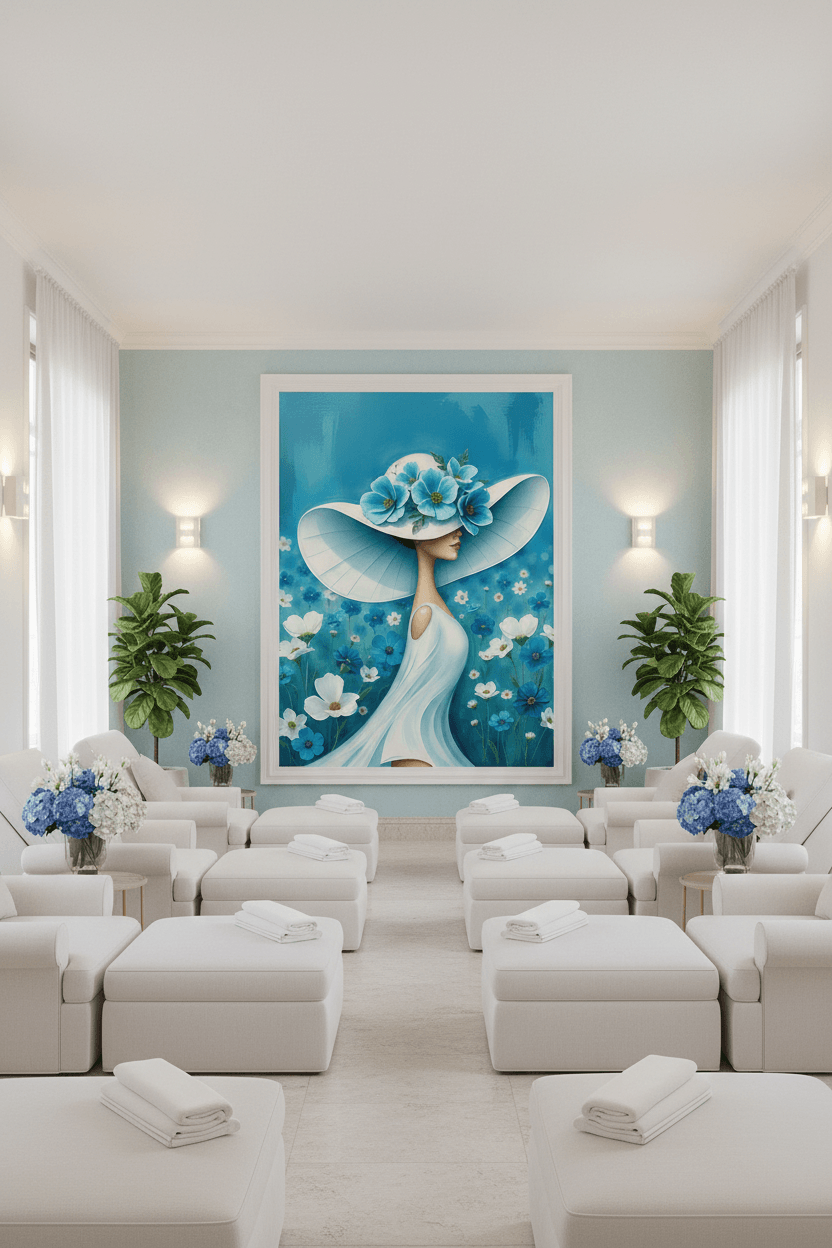 Framed floral portrait print: woman in white dress with blue flower hat