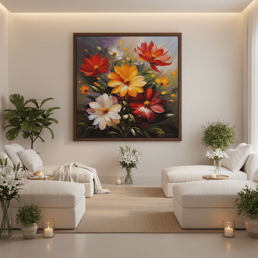 Framed floral wall art with red, orange, yellow and white blossoms on dark background.