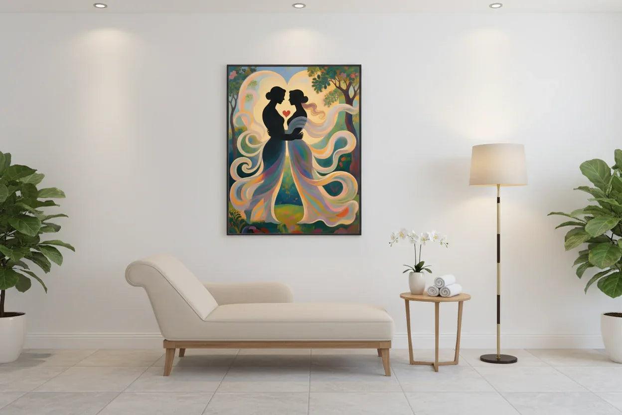 Framed couple silhouette wall art with red heart and multicolor flowing dresses