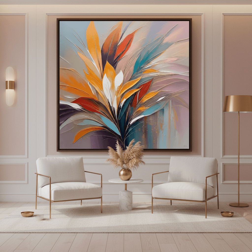 Framed abstract botanical wall art with orange and teal feather-like leaves