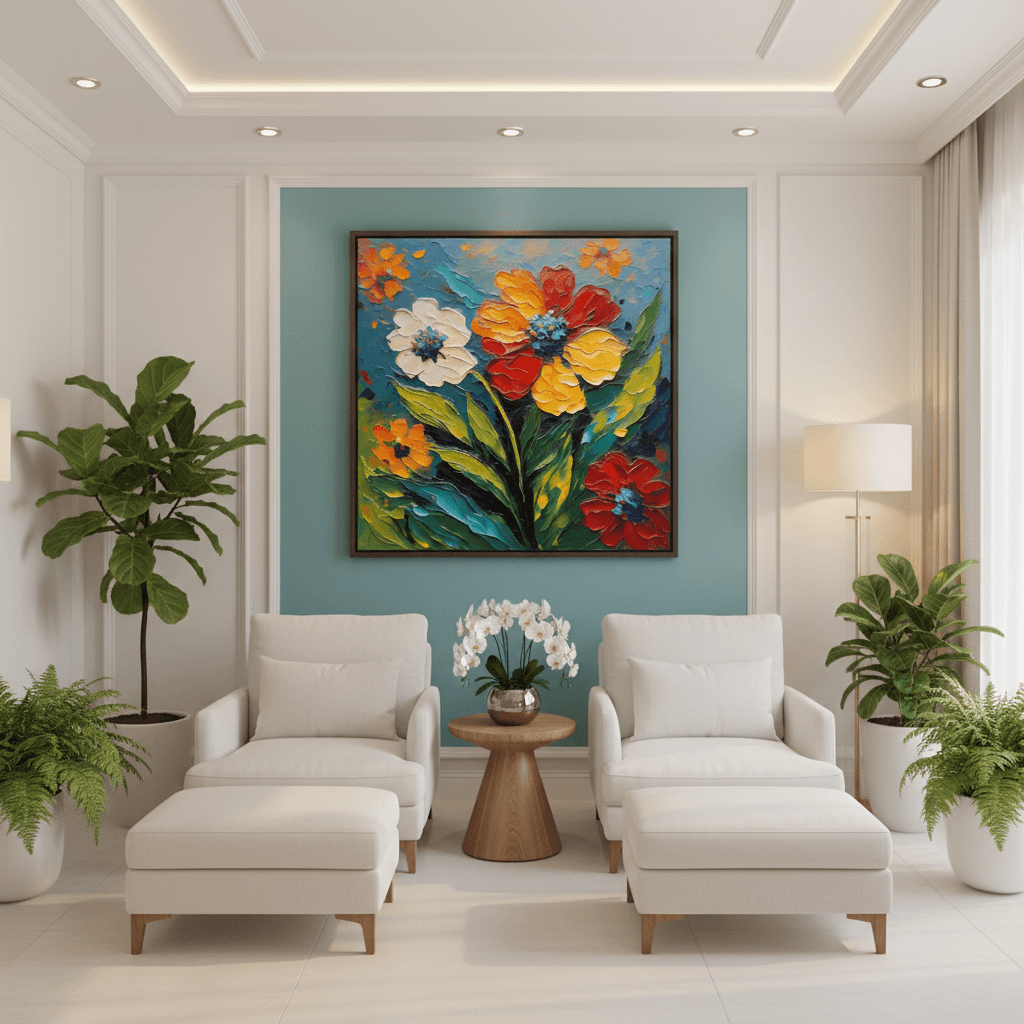 Framed impasto floral picture showing red, orange, yellow and white flowers with green leaves