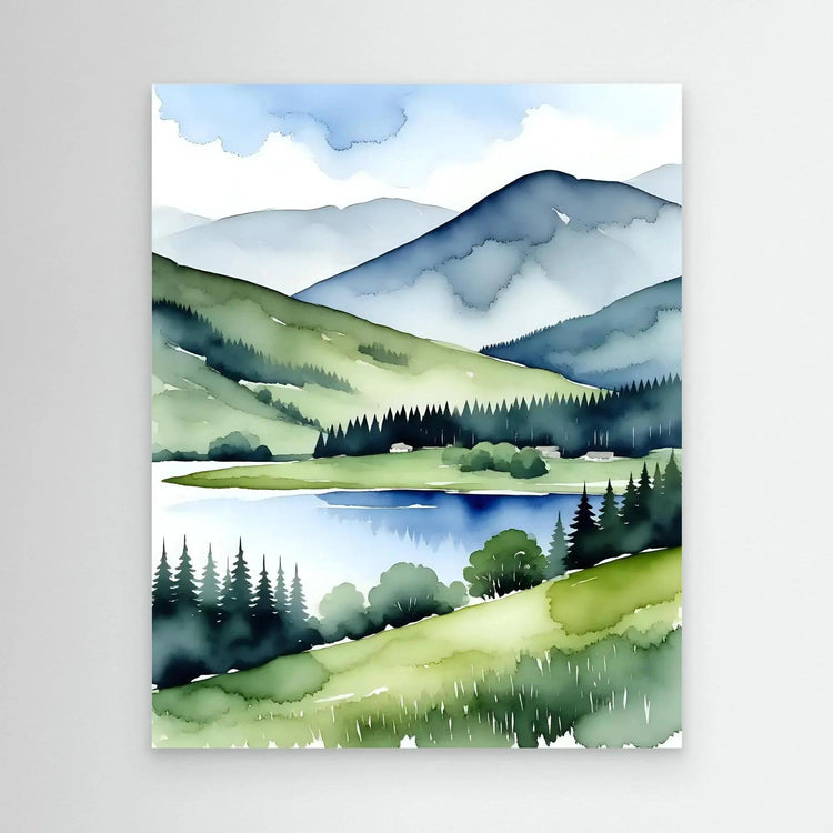 Wall art of mountain and lake landscape with green hills and blue water, white border.