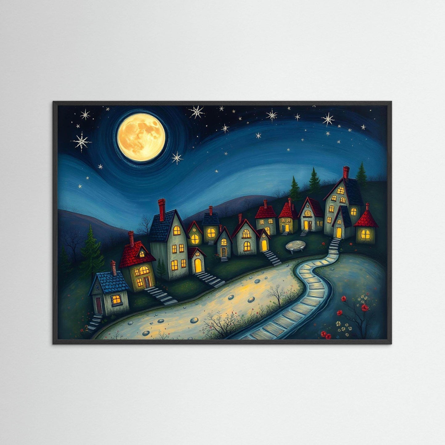 Dreamlike Village 13 - Contemporary-Folk-Art-Moonlit-Serene - Esmonbijouart 