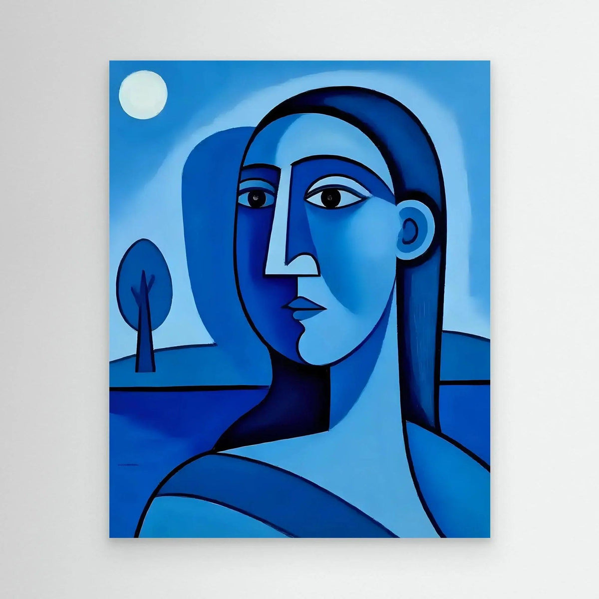 Blue abstract portrait wall art with black border frame and stylized female face.