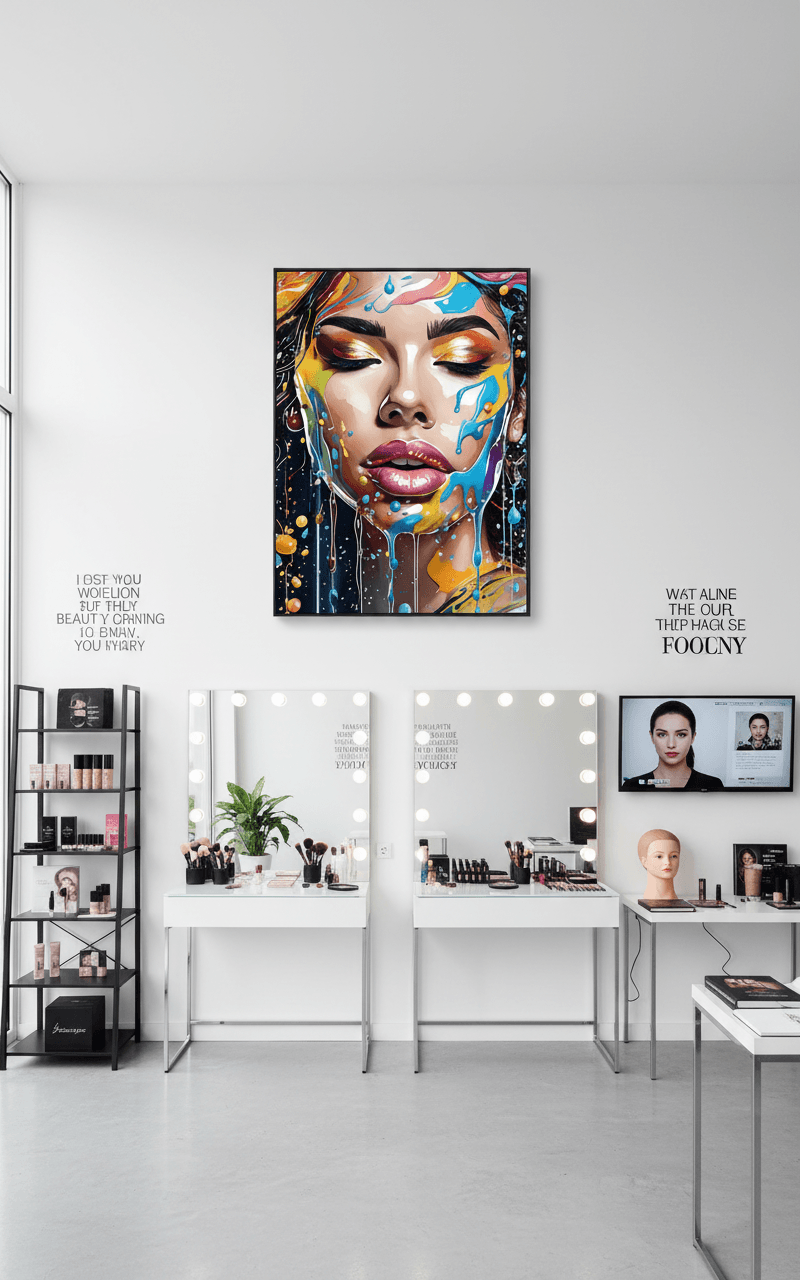 Abstract face portrait wall art in a salon, colorful paint drips and vivid makeup