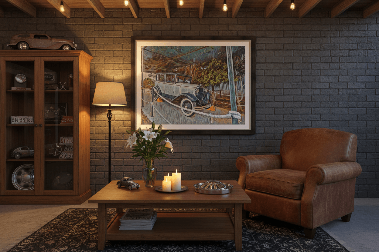 Framed vintage car wall art in a brick interior above a wood table