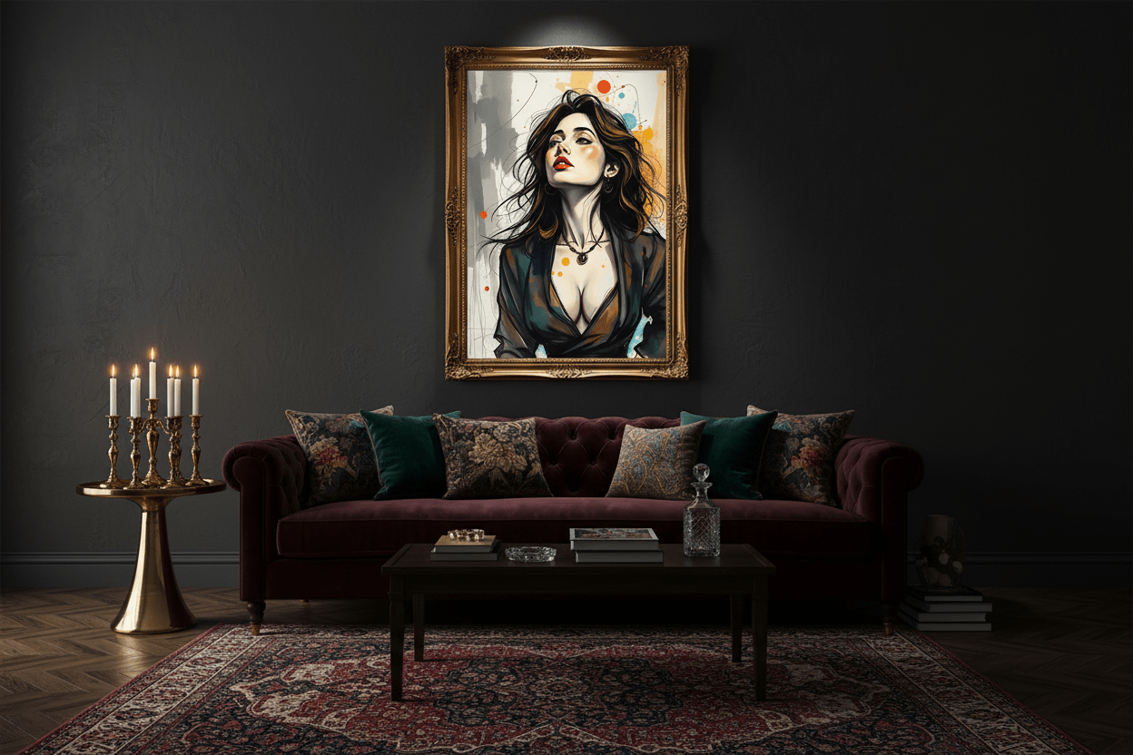 Ornate gold-framed portrait artwork of a woman with dark hair, red lips, black blazer.