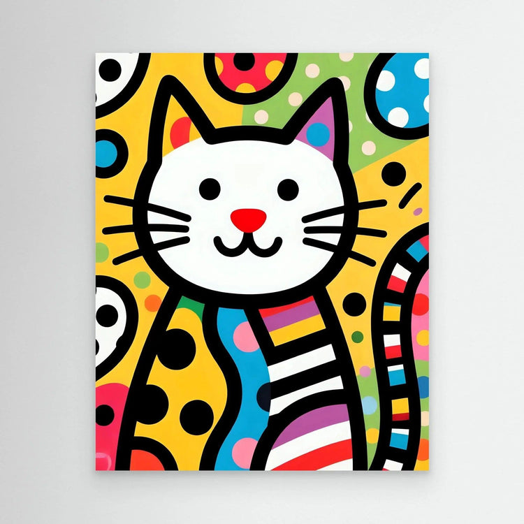 Pop art cat wall art print with white cat face, red nose, colorful doodle background