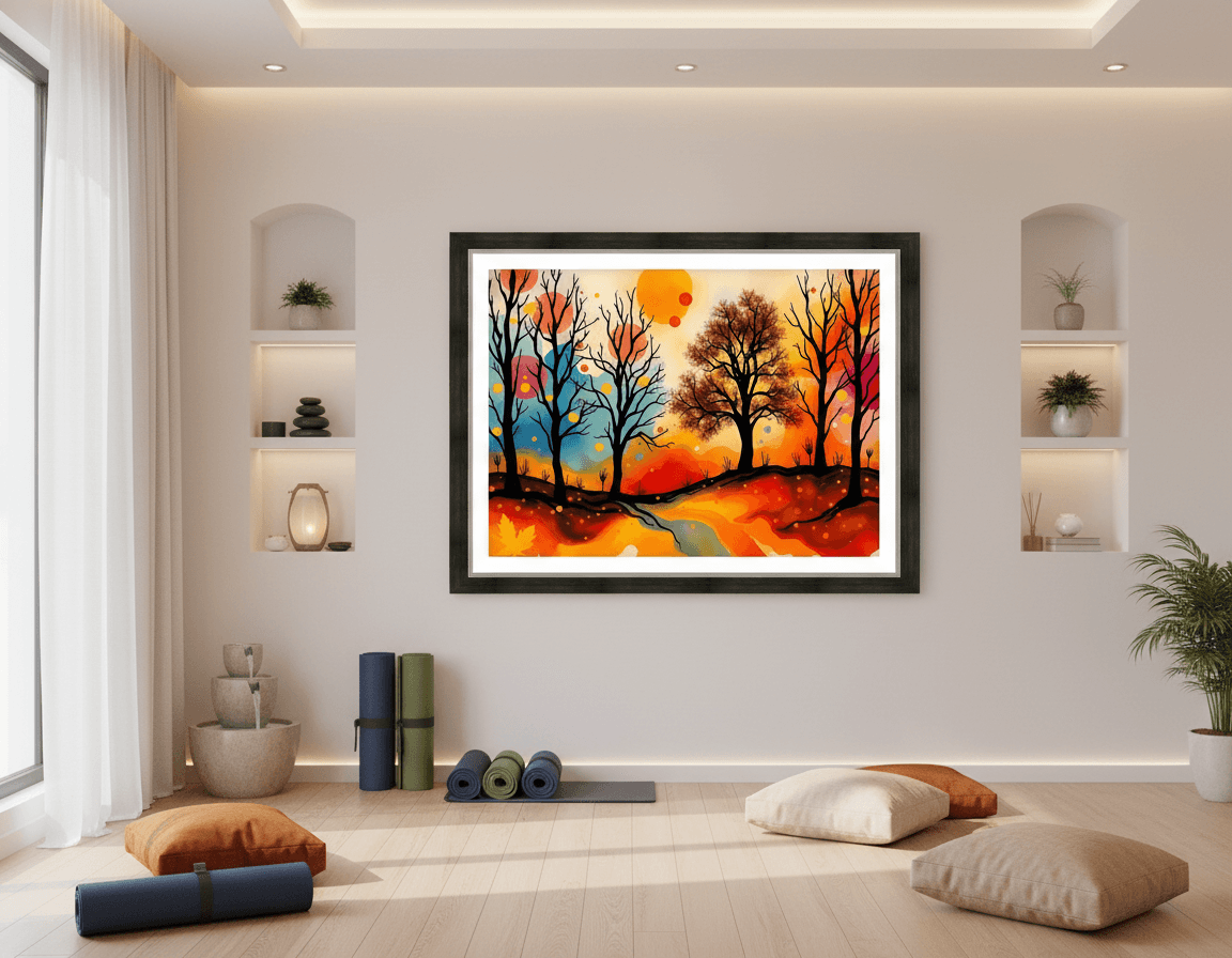 Framed abstract autumn landscape print with silhouetted trees and orange sunset glow