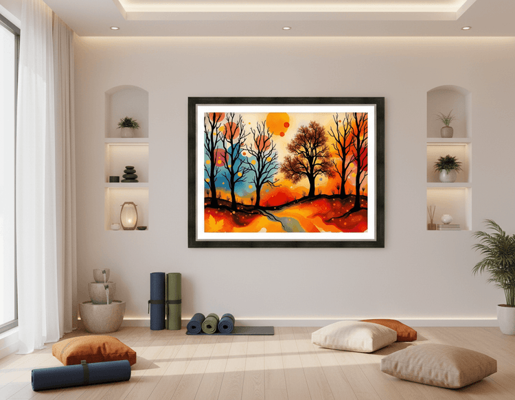 Framed abstract autumn landscape print with silhouetted trees and orange sunset glow